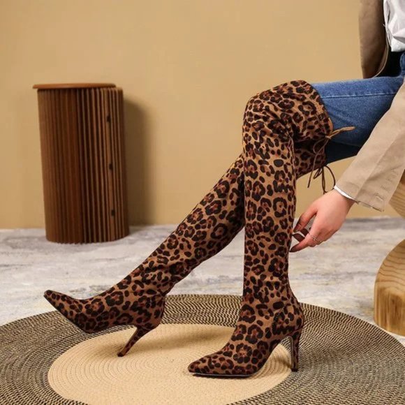 Mid-tube boots pointed leopard print high heel stiletto elastic boots